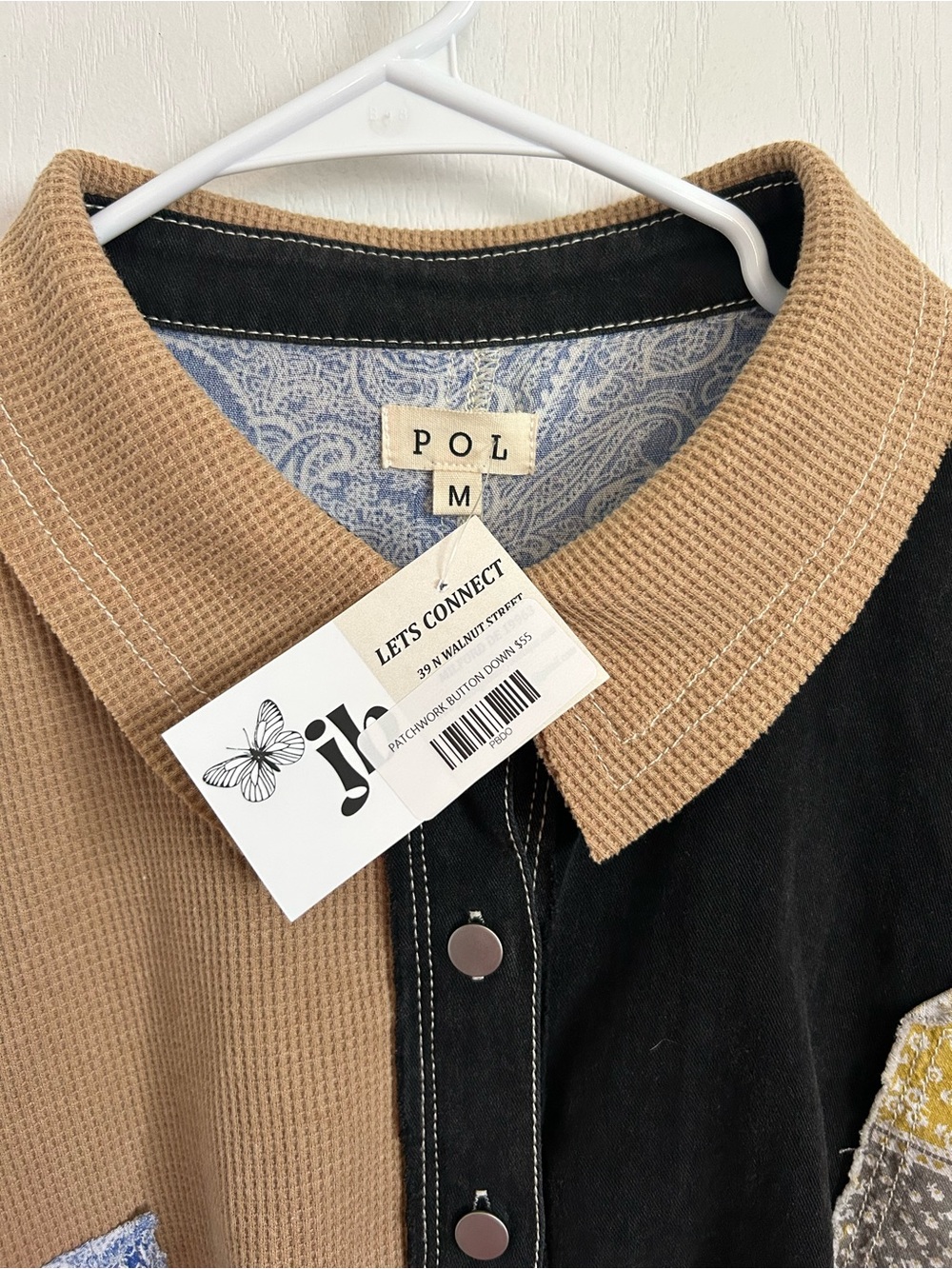 POL Button Shirt NWT Dolman Sleeve Mixed Fabric Western Patchwork Boho Oversized - Picture 6 of 11